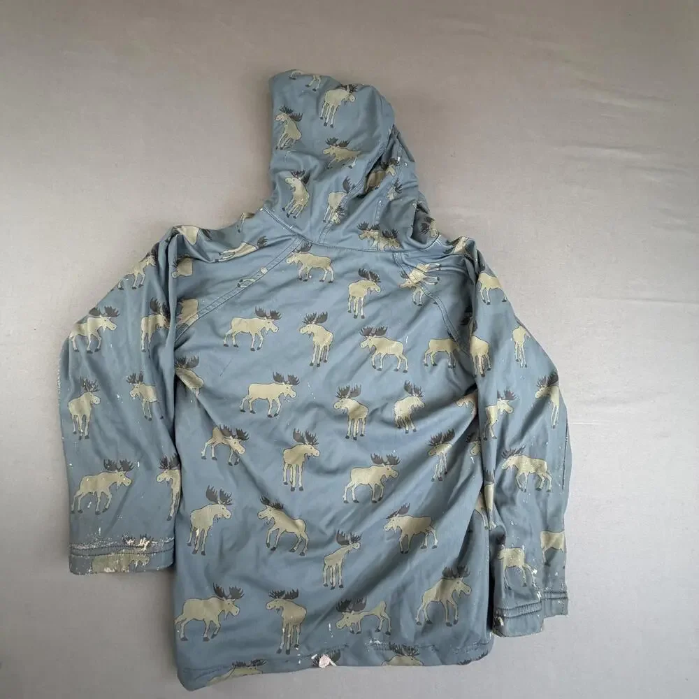 Hatley Rain Coat Kids 6-7 Blue Moose Print Hooded Snap Terry Lined Rainwear